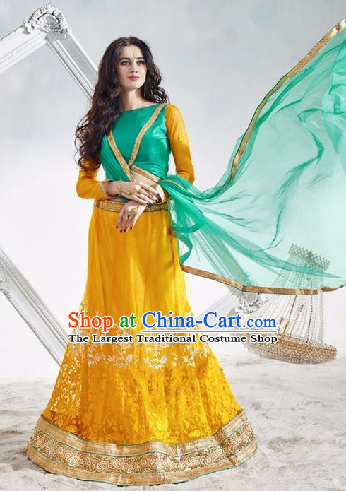 Asian India Traditional Wedding Bride Embroidered Yellow Lace Sari Dress Indian Bollywood Court Queen Costume Complete Set for Women