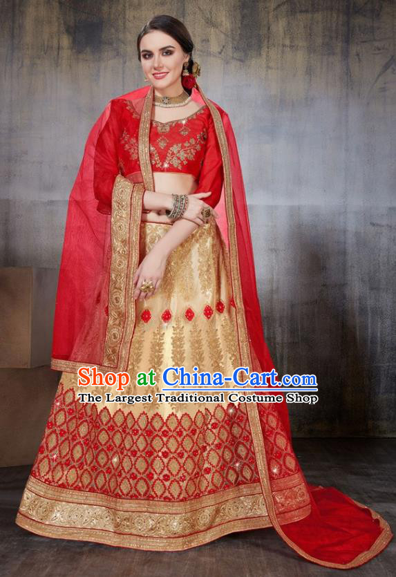 Asian India Traditional Wedding Embroidered Golden Sari Dress Indian Bollywood Court Bride Costume Complete Set for Women