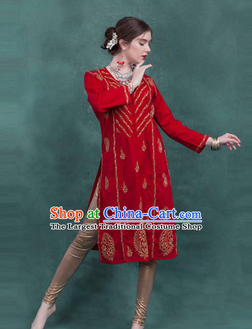 South Asian India Traditional Red Dress Costume Asia Indian National Punjabi Suit for Women