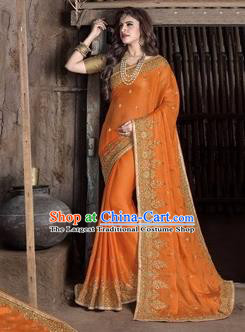 Asian India Traditional Orange Sari Dress Indian Court Princess Bollywood Embroidered Costume for Women