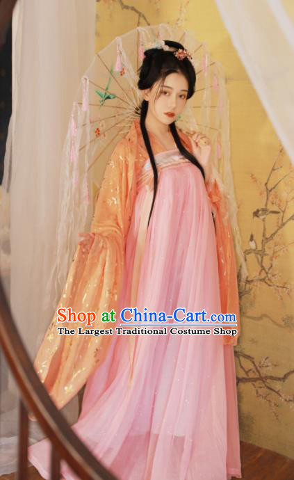 Ancient Chinese Tang Dynasty Peri Princess Historical Costume Traditional Court Pink Hanfu Dress for Women