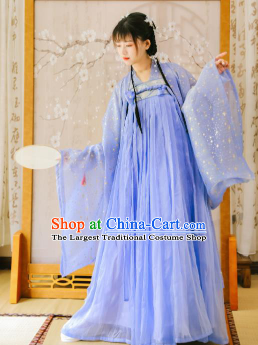 Ancient Chinese Tang Dynasty Court Lady Historical Costume Traditional Blue Hanfu Dress for Women