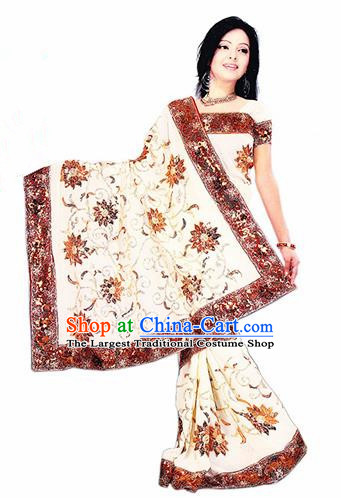 Indian Traditional White Sari Dress Asian India Bollywood Royal Princess Embroidered Costume for Women