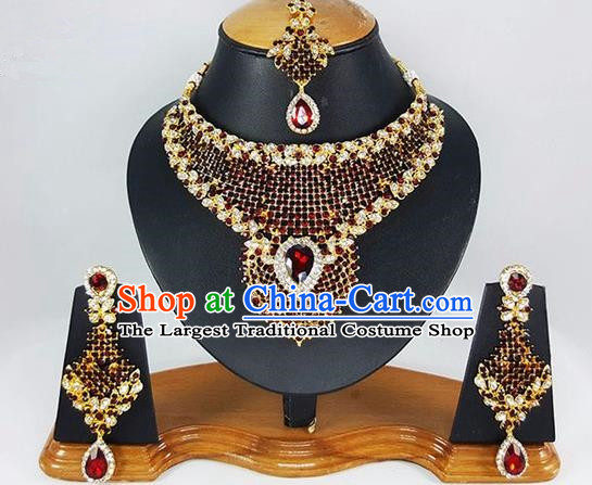 Indian Traditional Bollywood Court Red Gem Necklace Earrings and Eyebrows Pendant India Princess Jewelry Accessories for Women