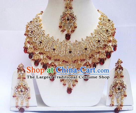 Indian Traditional Bollywood Court Red Crystal Tassel Necklace Earrings and Eyebrows Pendant India Princess Jewelry Accessories for Women