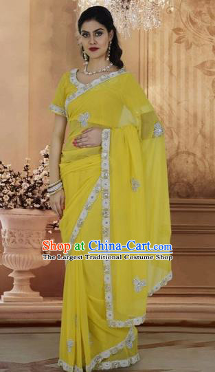 Indian Traditional Bollywood Yellow Veil Sari Dress Asian India Royal Princess Embroidered Costume for Women