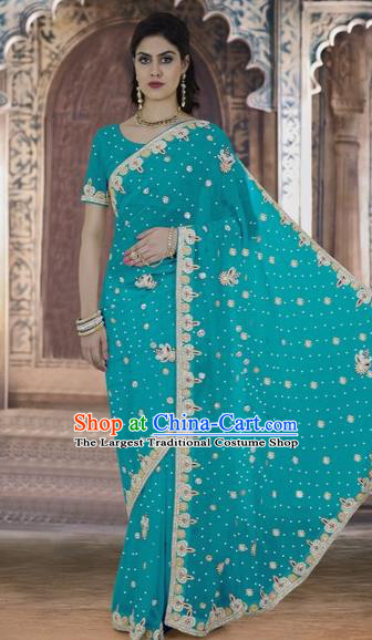 Indian Traditional Bollywood Court Blue Sari Dress Asian India Royal Princess Costume for Women