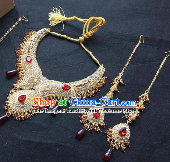 Traditional Indian Bollywood Jewelry Accessories India Princess Red Crystal Necklace Earrings and Eyebrows Pendant for Women