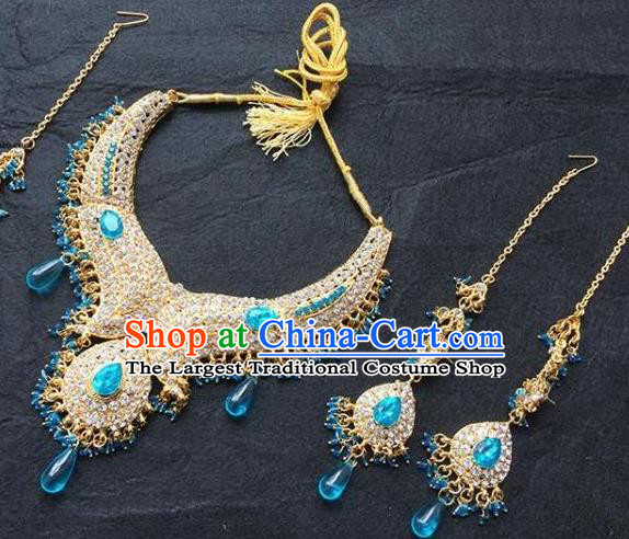 Traditional Indian Bollywood Jewelry Accessories India Princess Crystal Necklace Earrings and Eyebrows Pendant for Women