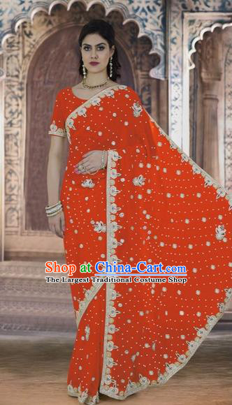 Indian Traditional Bollywood Court Orange Sari Dress Asian India Royal Princess Costume for Women