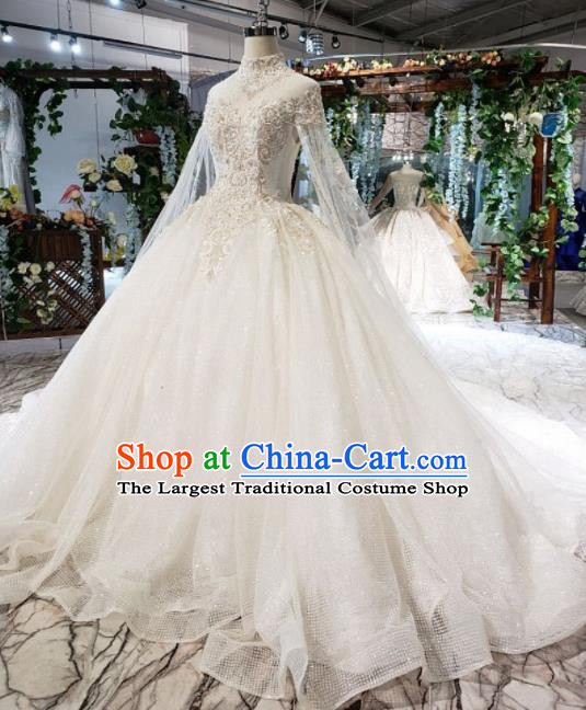 Top Grade Customize Bride White Veil Trailing Full Dress Court Princess Wedding Costume for Women