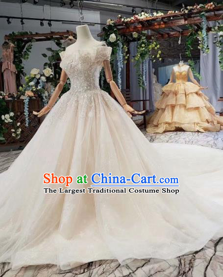 Top Grade Customize Bride Flat Shouders Trailing Full Dress Court Princess Wedding Costume for Women