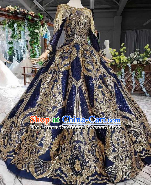 Top Grade Customize Golden Sequins Royalblue Full Dress Court Princess Waltz Dance Costume for Women