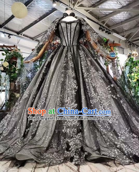 Top Grade Customize Embroidered Black Veil Trailing Full Dress Court Princess Waltz Dance Costume for Women