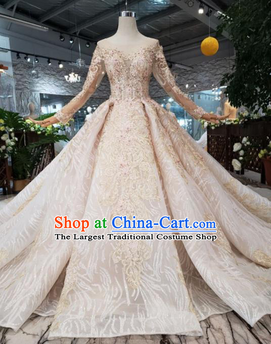 Top Grade Customize Bride Long Sleeve Trailing Full Dress Court Princess Wedding Costume for Women