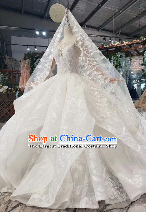 Top Grade Customize Bride Embroidered Beads White Trailing Full Dress Court Princess Wedding Costume for Women