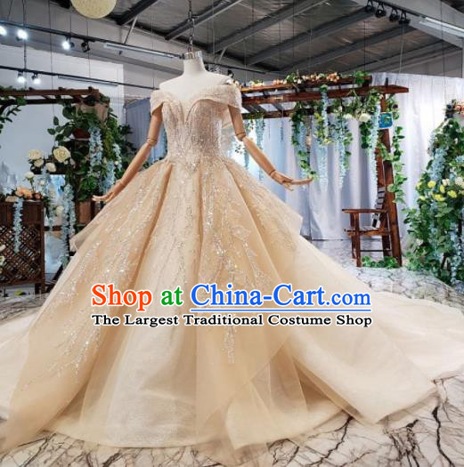 Top Grade Customize Bride Embroidered Champagne Veil Trailing Full Dress Court Princess Wedding Costume for Women