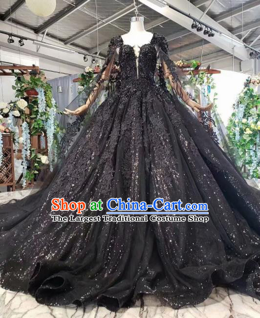 Top Grade Customize Embroidered Black Lace Full Dress Court Princess Waltz Dance Costume for Women