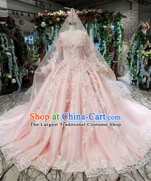 Top Grade Customize Embroidered Pink Feather Full Dress Court Princess Waltz Dance Costume for Women