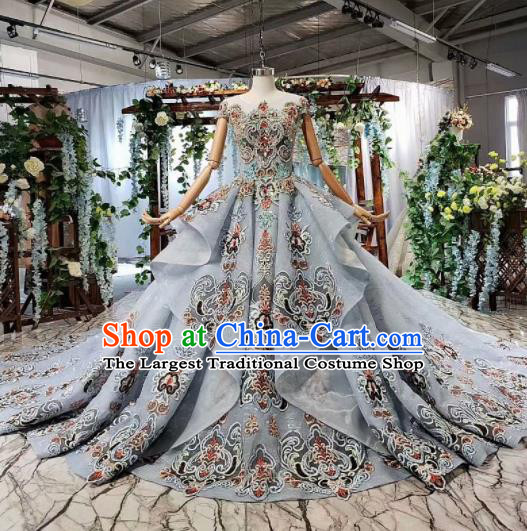 Top Grade Customize Embroidered Blue Trailing Full Dress Court Princess Waltz Dance Costume for Women