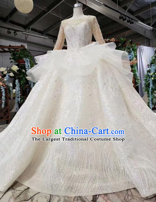 Top Grade Customize Bride Embroidered Beads White Trailing Full Dress Court Princess Wedding Costume for Women