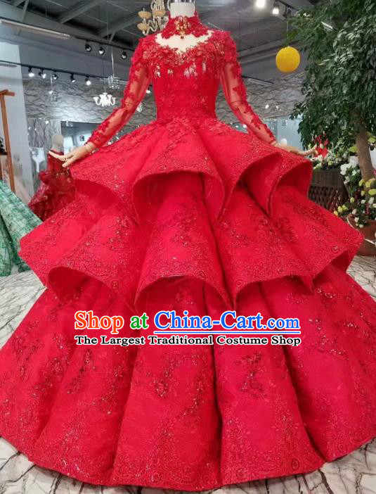 Top Grade Customize Catwalks Red Lace Full Dress Court Princess Waltz Dance Costume for Women