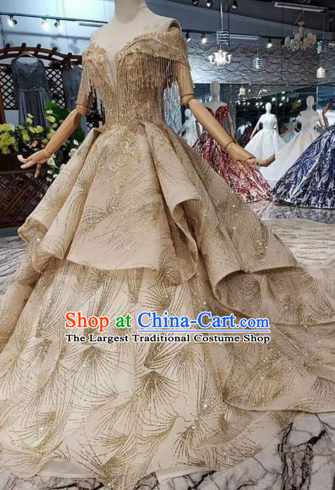 Handmade Customize Golden Tassel Embroidered Trailing Wedding Dress Court Princess Bride Costume for Women