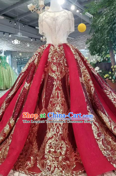 Top Grade Customize Catwalks Embroidered Wine Red Full Dress Court Princess Waltz Dance Costume for Women