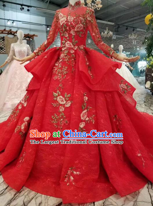 Top Grade Customize Catwalks Red Veil Trailing Full Dress Court Princess Waltz Dance Costume for Women