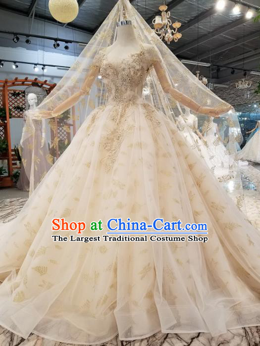 Customize Handmade Princess Champagne Veil Trailing Dress Wedding Court Bride Costume for Women