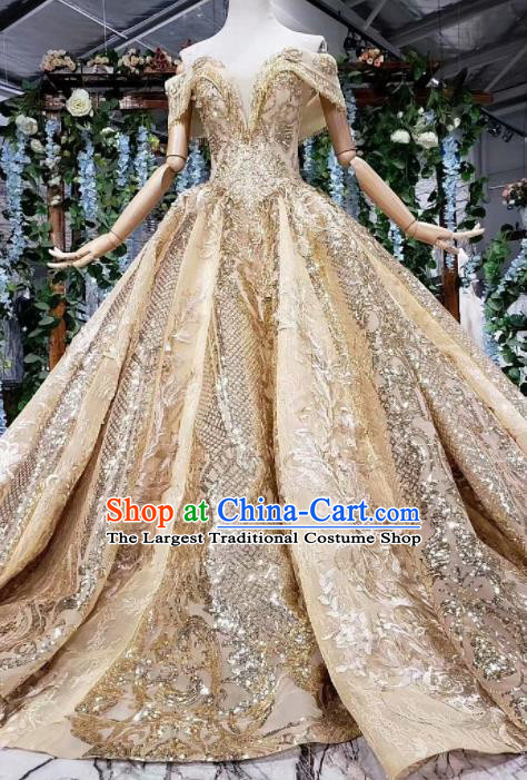 Top Grade Customize Embroidered Golden Trailing Full Dress Court Princess Waltz Dance Costume for Women