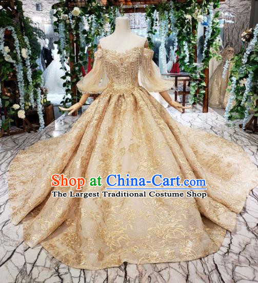 Customize Embroidered Golden Veil Trailing Full Dress Top Grade Court Princess Waltz Dance Costume for Women