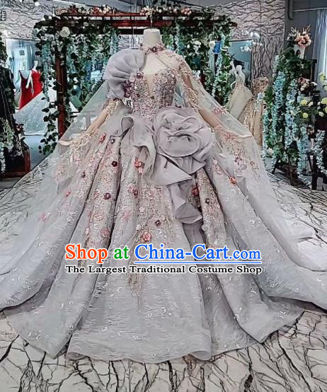 Customize Embroidered Grey Veil Trailing Full Dress Top Grade Court Princess Waltz Dance Costume for Women