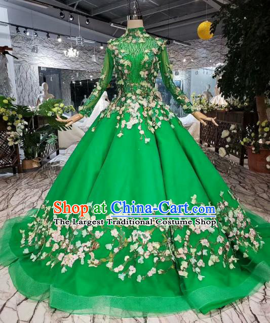 Customize Embroidered Green Veil Trailing Full Dress Top Grade Court Princess Waltz Dance Costume for Women