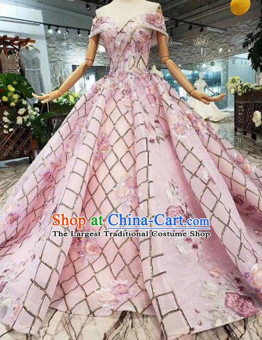 Customize Embroidered Pink Veil Trailing Full Dress Top Grade Court Princess Waltz Dance Costume for Women