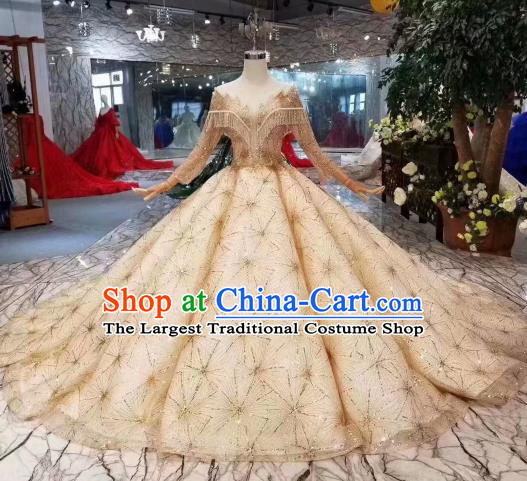 Customize Embroidered Yellow Veil Trailing Full Dress Top Grade Court Princess Waltz Dance Costume for Women