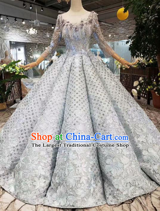 Customize Embroidered Blue Full Dress Top Grade Court Princess Waltz Dance Costume for Women