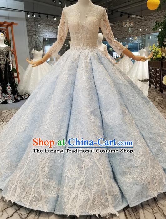 Customize Handmade Princess Embroidered Blue Dress Wedding Court Bride Costume for Women