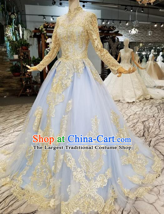 Customize Modern Fancywork Court Blue Full Dress Top Grade Waltz Dance Costume for Women