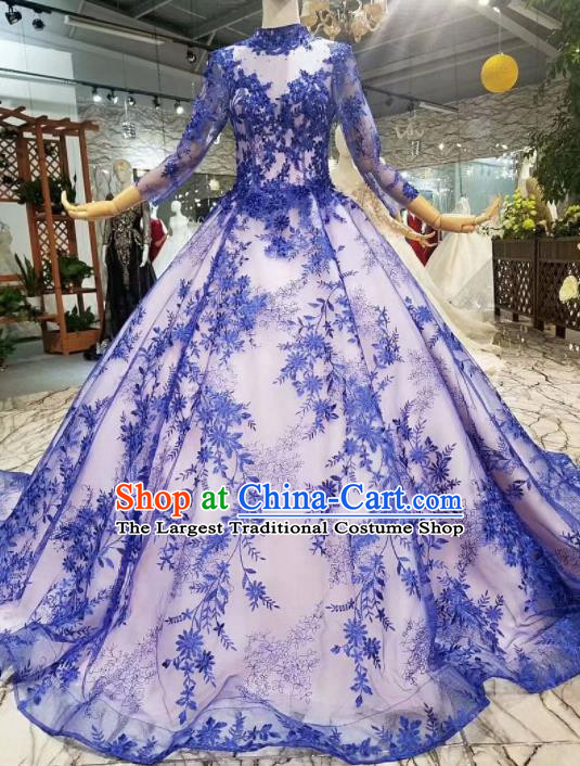 Top Grade Customize Modern Fancywork Blue Veil Full Dress Court Princess Waltz Dance Costume for Women