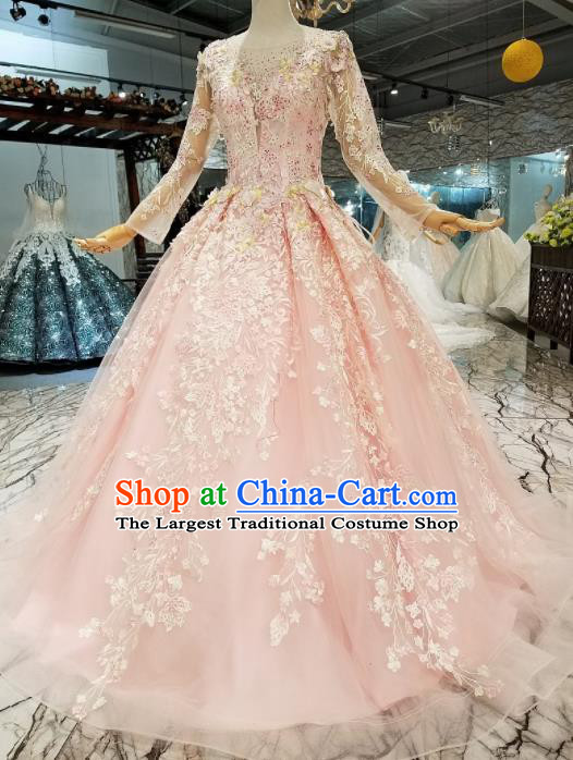 Customize Modern Fancywork Pink Lace Full Dress Top Grade Waltz Dance Costume for Women