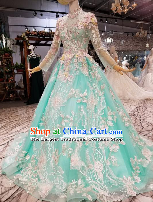 Customize Modern Fancywork Green Lace Full Dress Top Grade Waltz Dance Costume for Women