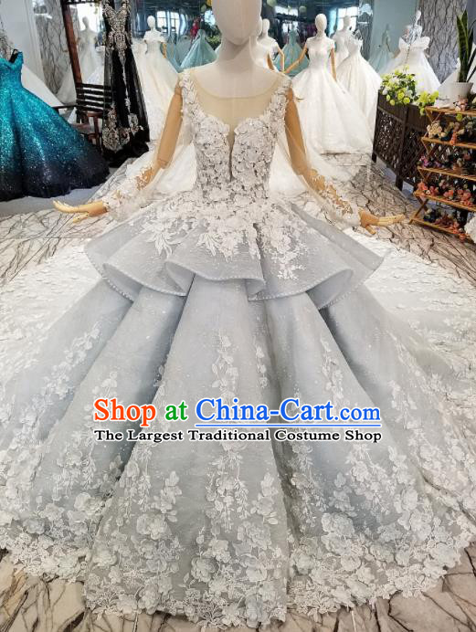 Customize Modern Fancywork Blue Trailing Full Dress Top Grade Waltz Dance Costume for Women