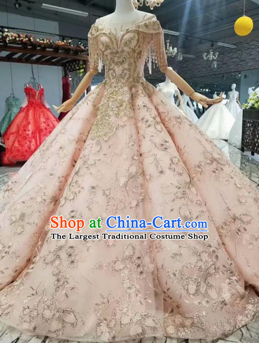 Top Grade Modern Fancywork Pink Full Dress Customize Waltz Dance Costume for Women