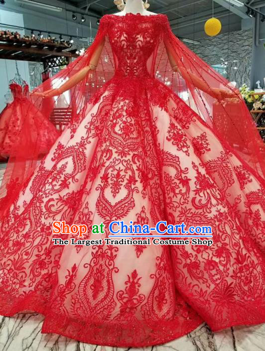 Top Grade Modern Fancywork Red Lace Full Dress Customize Waltz Dance Costume for Women