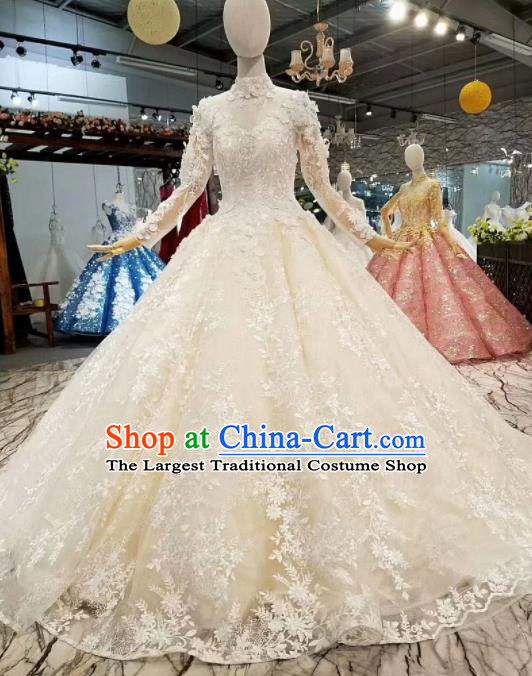 Top Grade Modern Fancywork Beige Full Dress Customize Waltz Dance Costume for Women