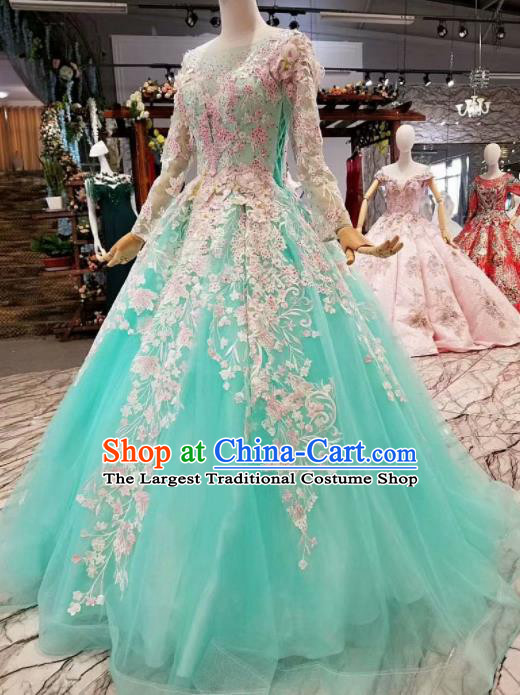 Top Grade Modern Fancywork Green Veil Full Dress Customize Waltz Dance Costume for Women