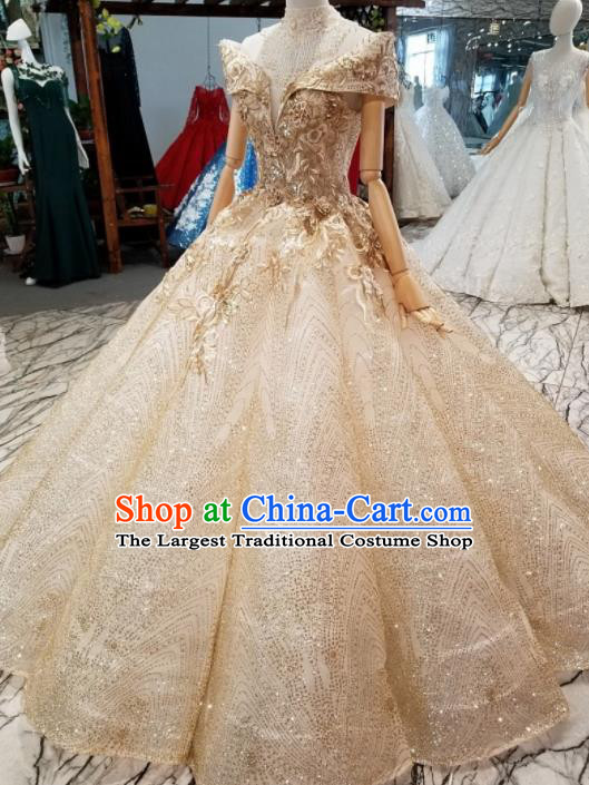 Top Grade Modern Fancywork Embroidered Champagne Full Dress Customize Waltz Dance Costume for Women