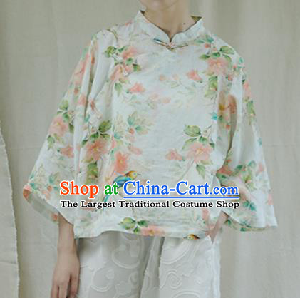 Chinese Traditional National Costume Printing White Shirt Tang Suit Upper Outer Garment for Women