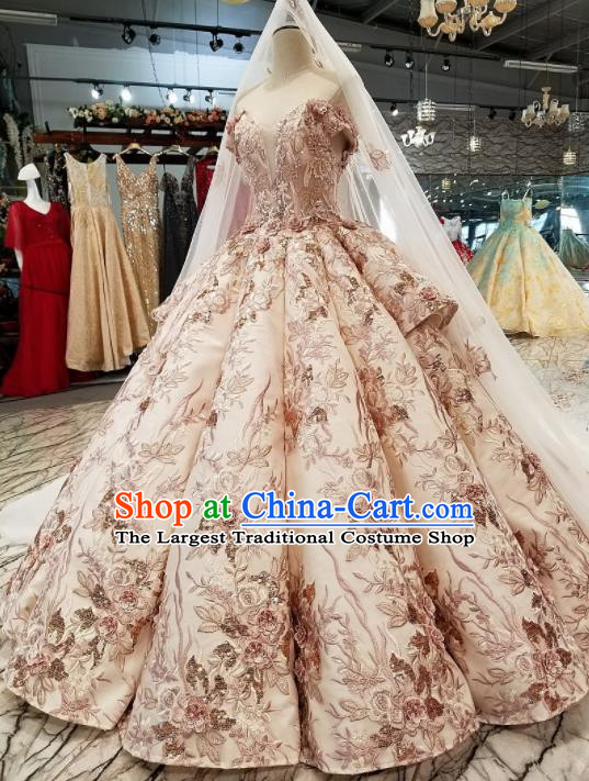 Top Grade Embroidered Flat Shouders Full Dress Customize Modern Fancywork Princess Waltz Dance Costume for Women